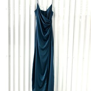 Retro Blue Satin Column Slip Dress w Front Slit Cocktails 70s Disco Pinup